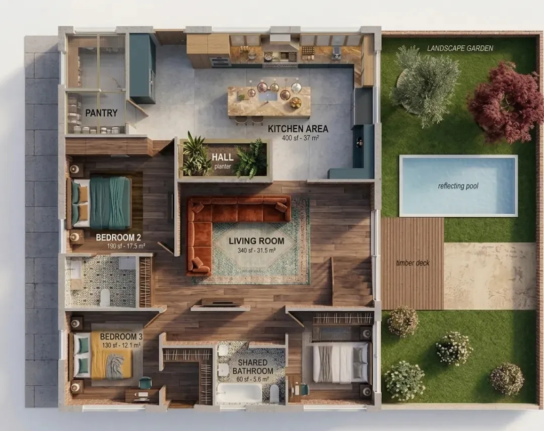 DesignHome-generated 3D three-bedroom floor plan with furnished bedrooms, kitchen, living areas, and bathrooms.