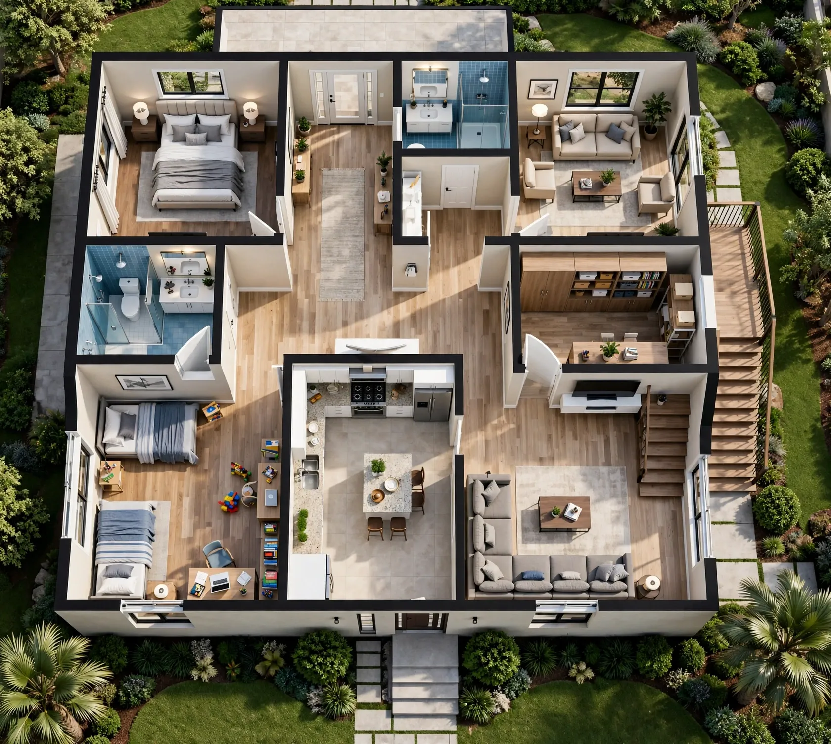 DesignHome-generated 3D two bedroom floor plan with furnished rooms