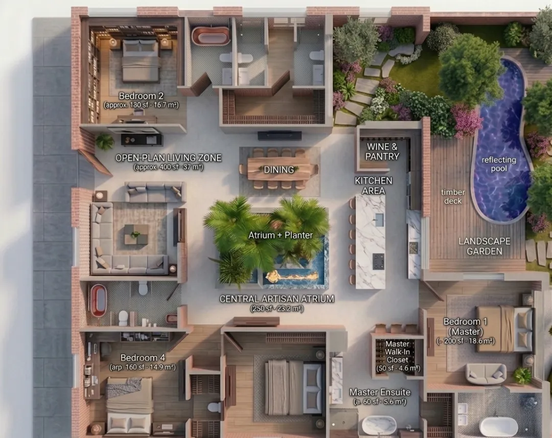 DesignHome-generated 3D four-bedroom floor plan with furnished bedrooms, living areas, kitchen, and bathrooms.