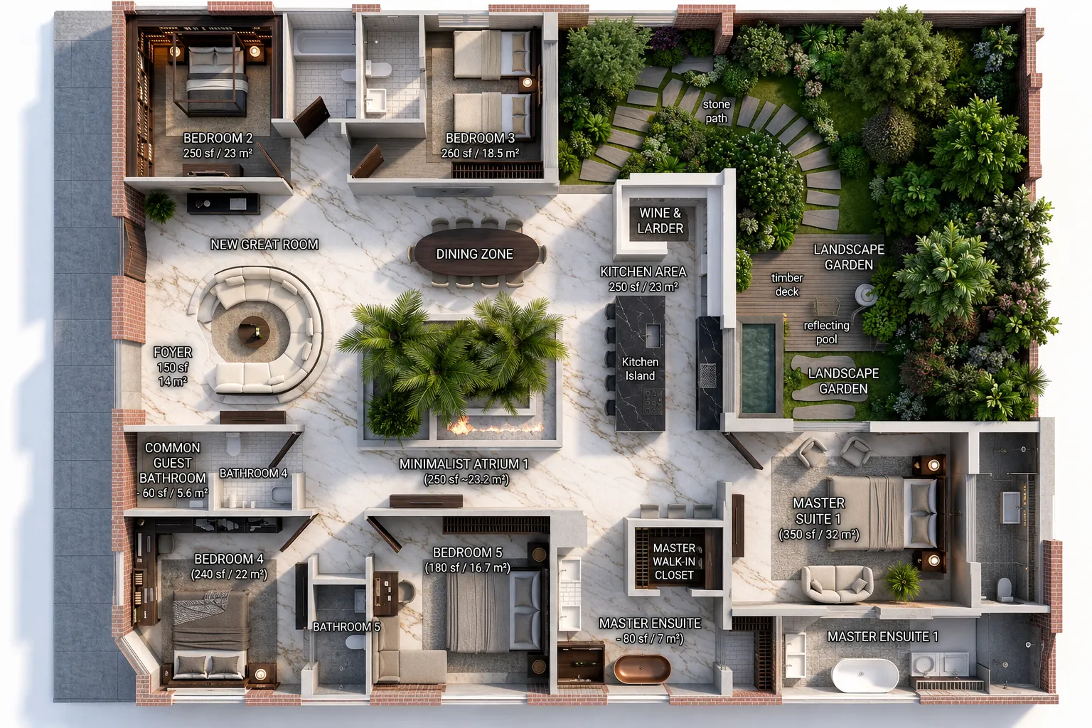 DesignHome-generated five-bedroom house floor plan designed for a more comfortable and enjoyable way of living.