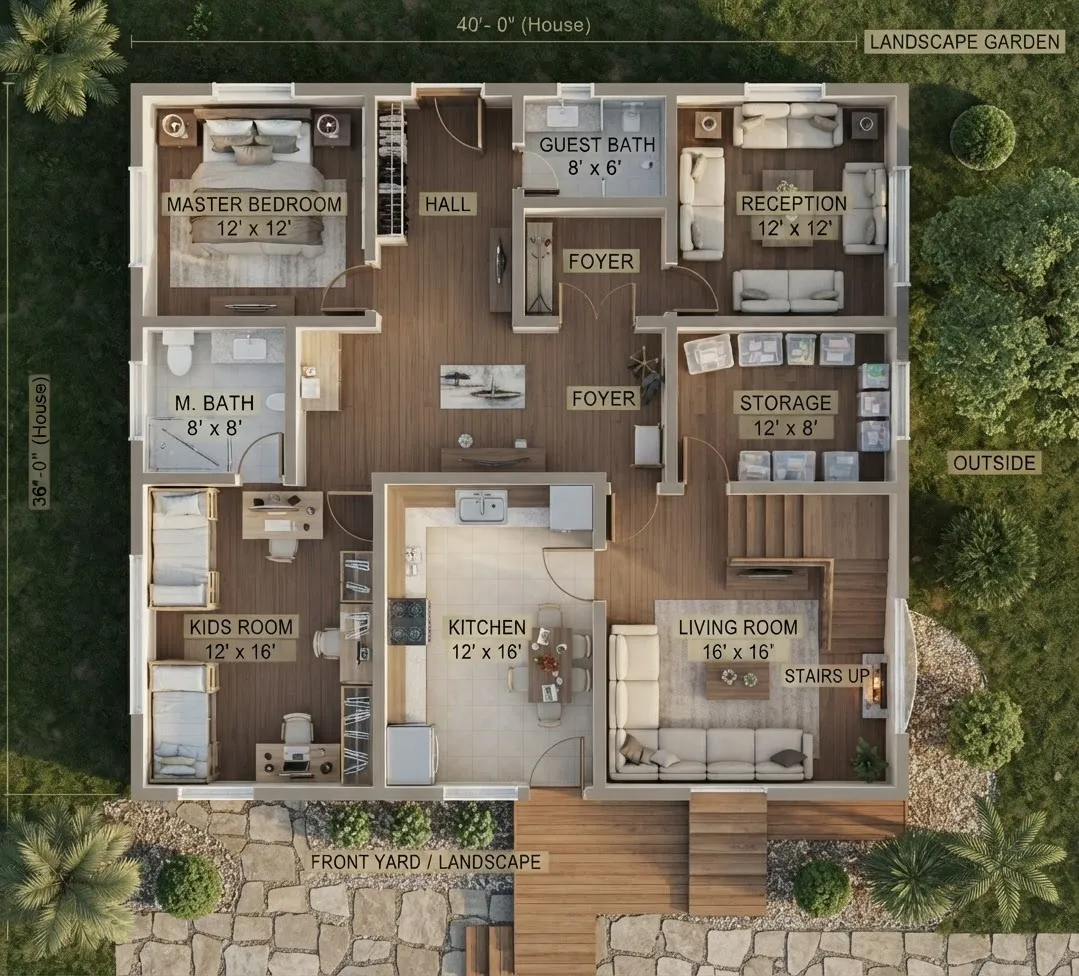 Photorealistic 3D two bedroom home visualization showing how the finished space could look before building