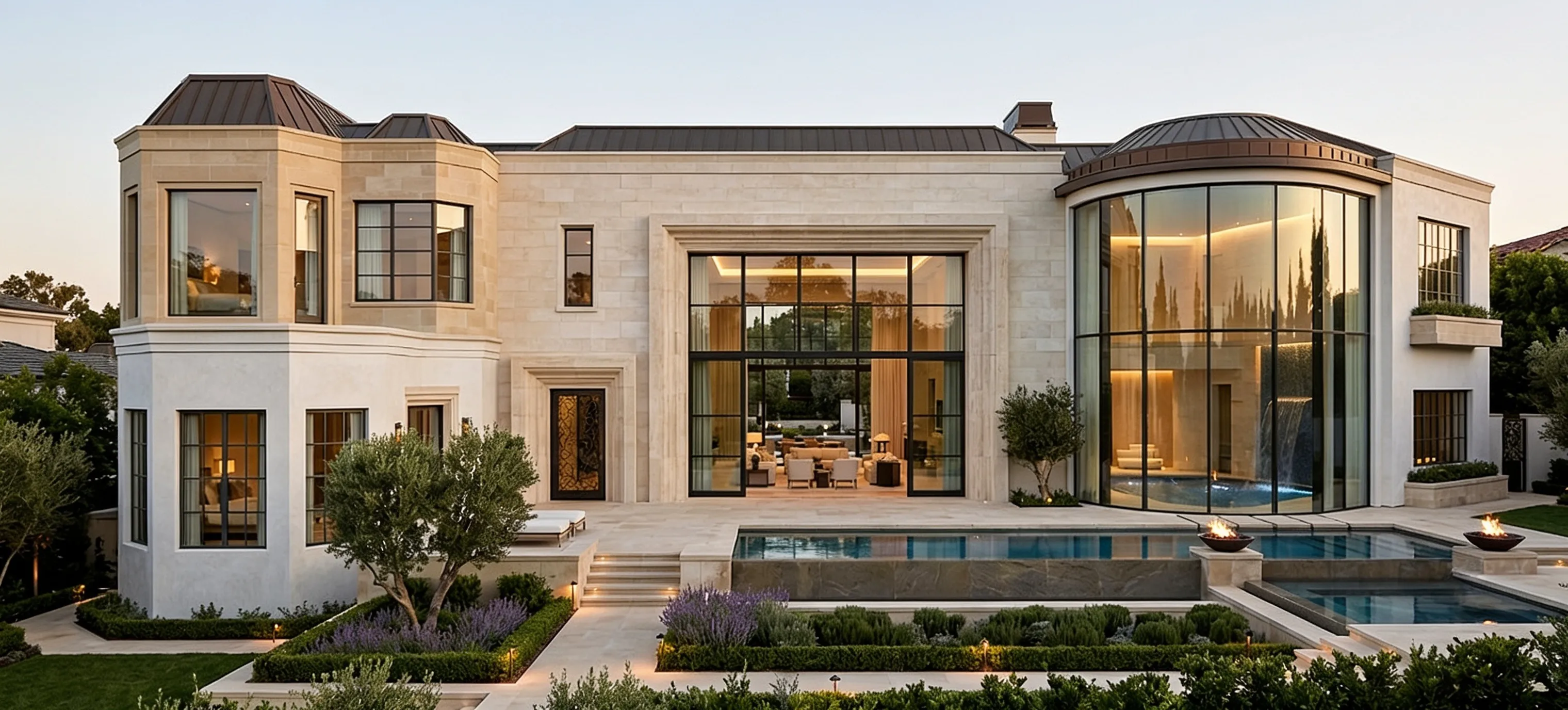 DesignHome generating a contemporary limestone villa with a pool
