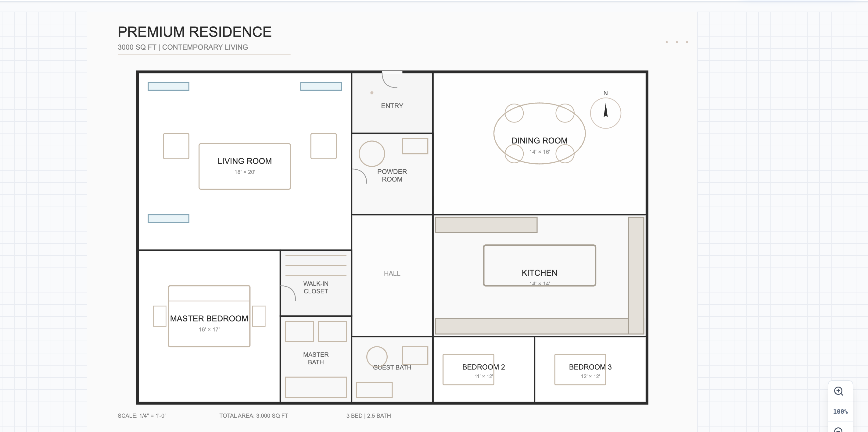 Example of a generated architectural floor plan blueprint for a custom home.