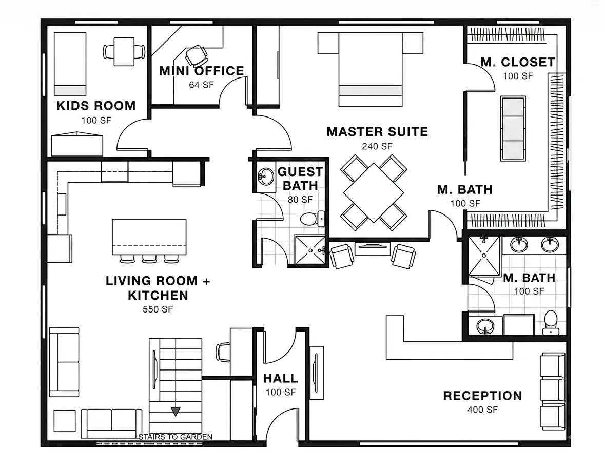 Single story house floor plan layout showing accessible living spaces