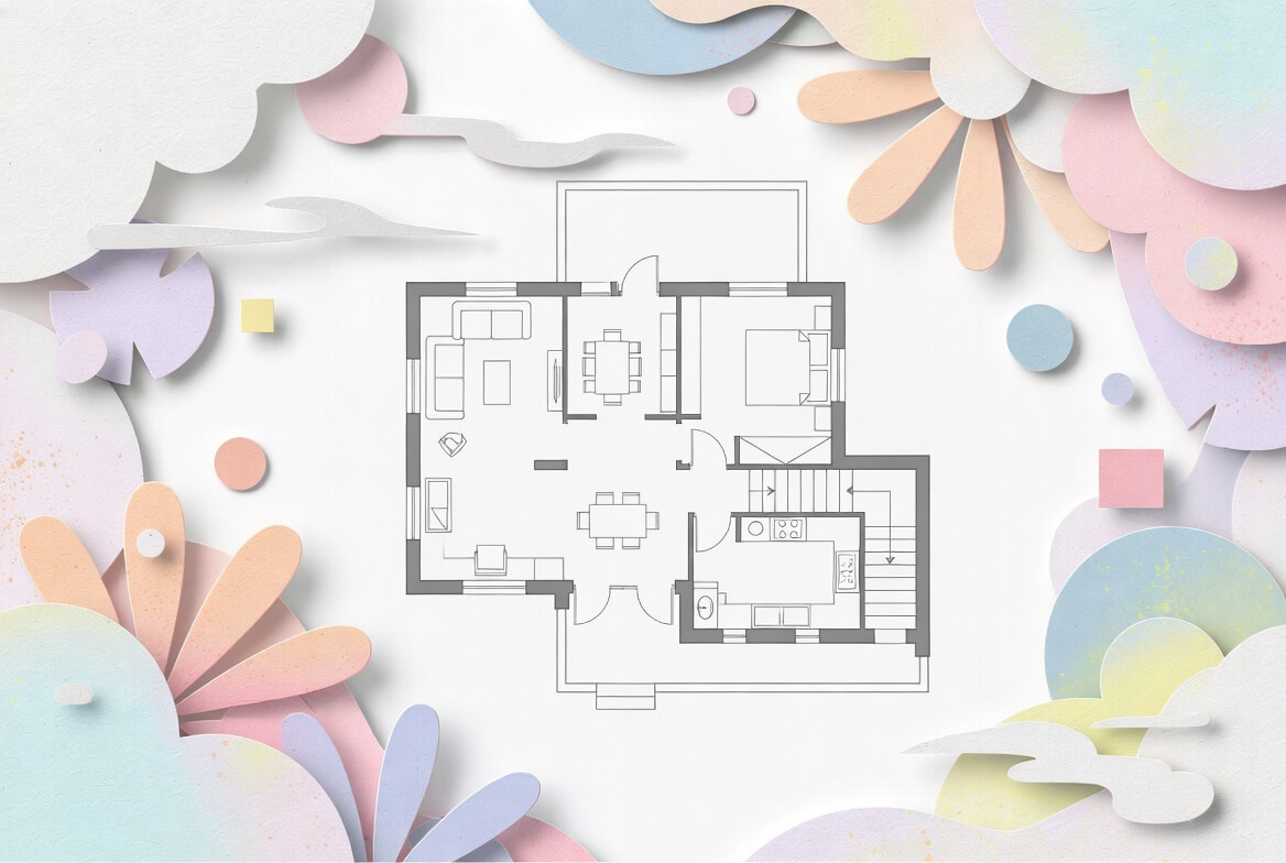 Simple house floor plan with living area, kitchen and bedroom layout