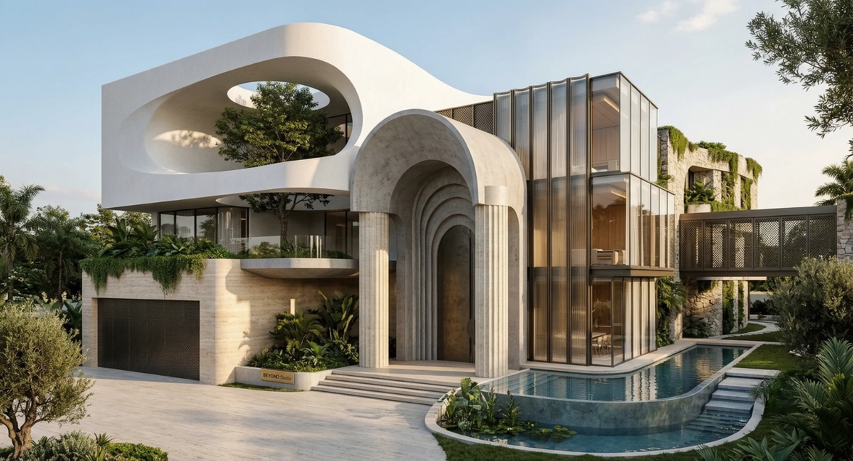 DesignHome generated contemporary 3-bedroom house architecture with a private swimming pool, luxury exterior design, landscaped surroundings, and realistic visualization.