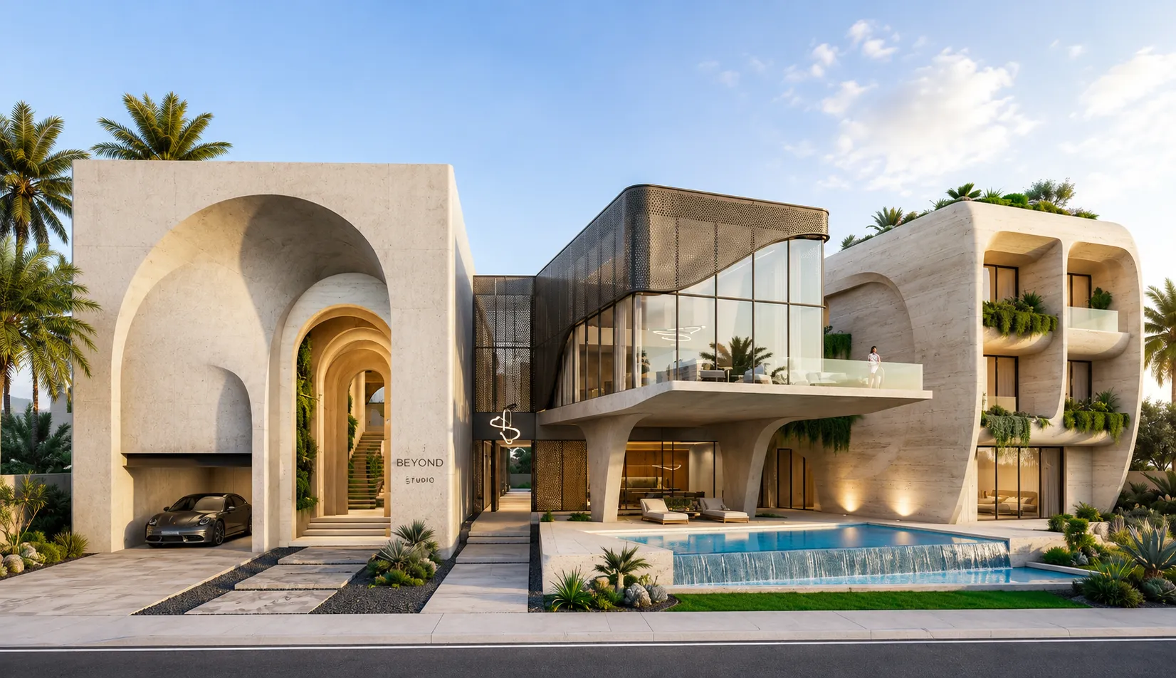 Design Home generates a modern 3-bedroom house exterior design with a swimming pool and premium landscaping.