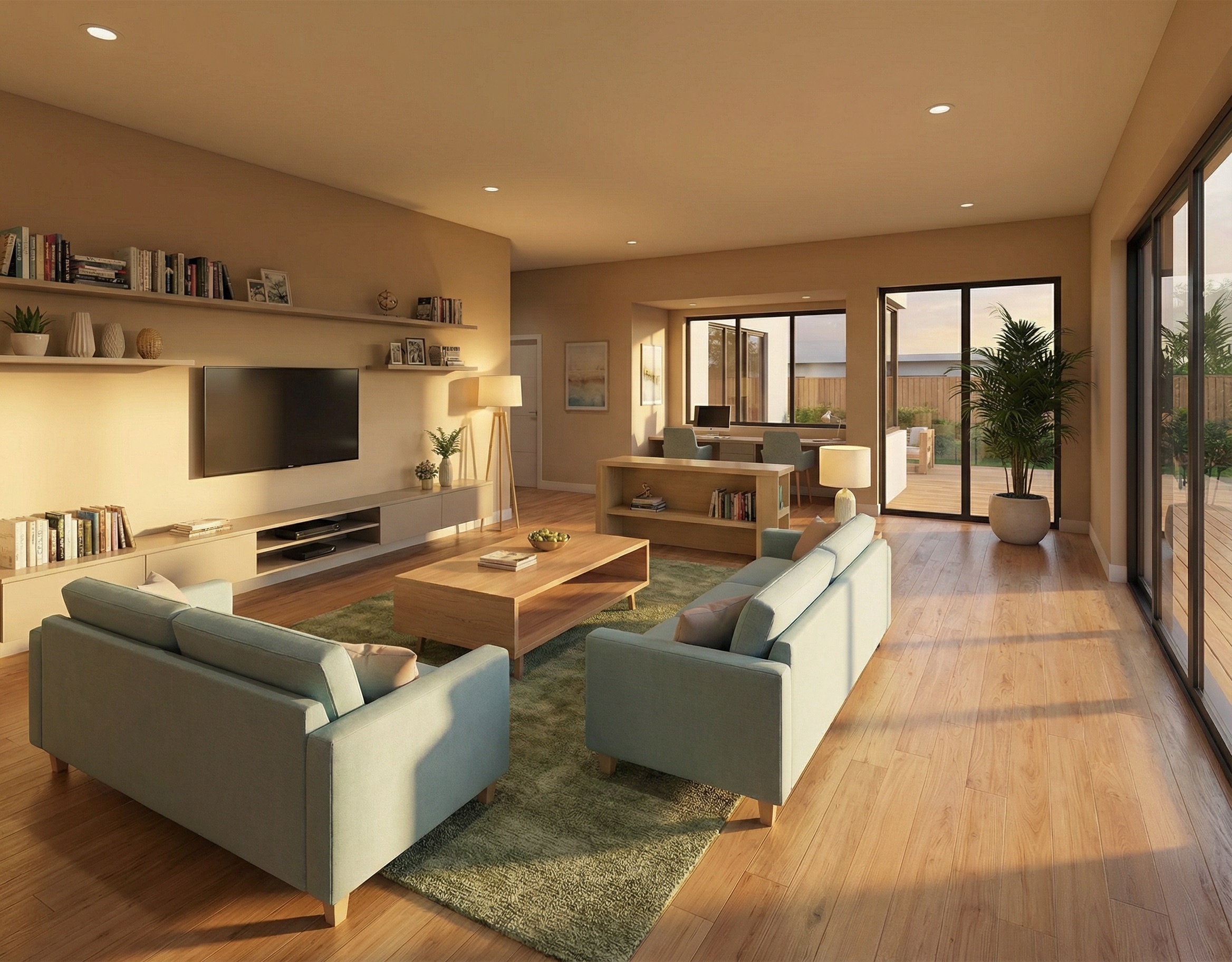 AI generated living room with integrated study area and contemporary interior design