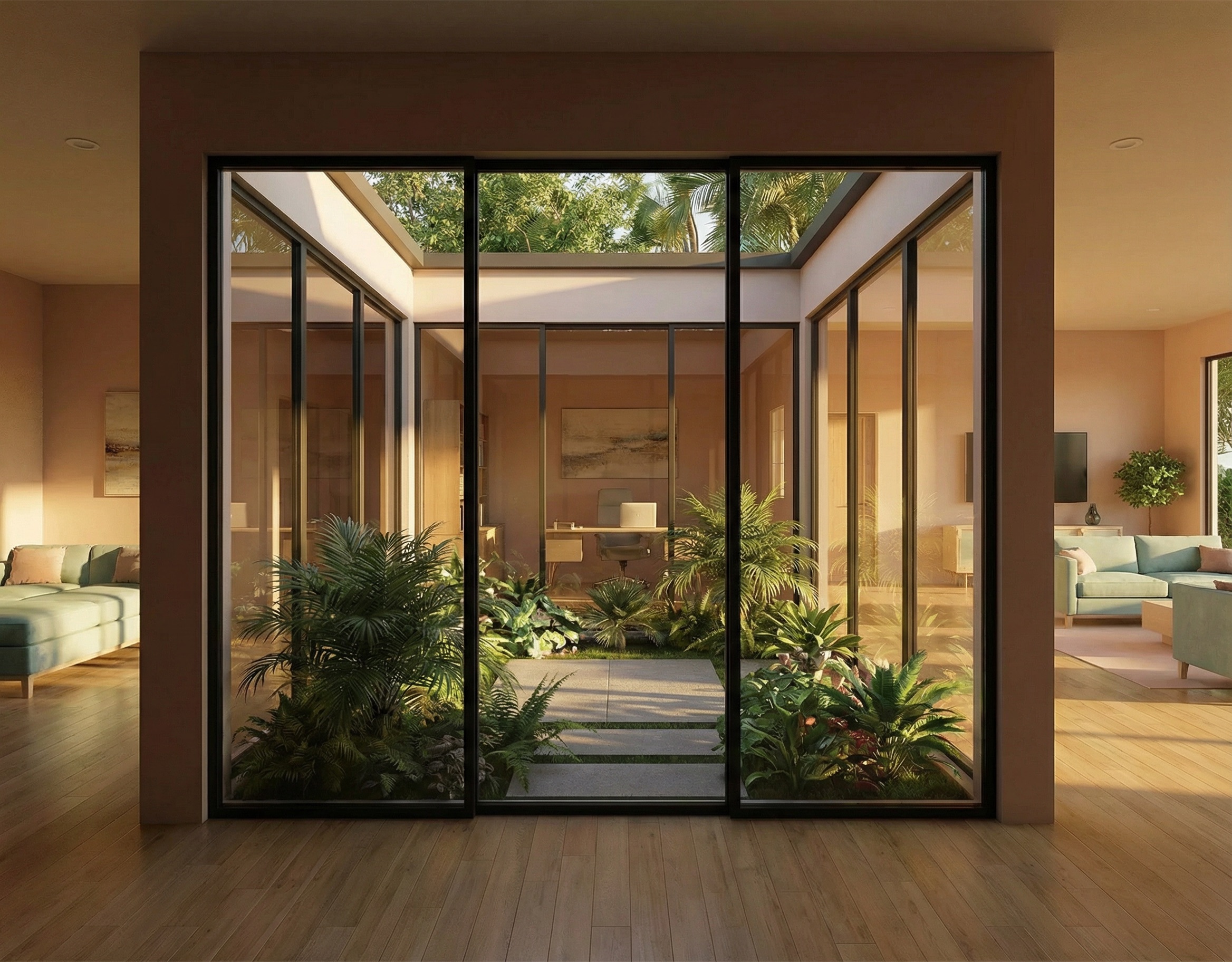 AI generated modern courtyard design connecting natural light with contemporary architecture