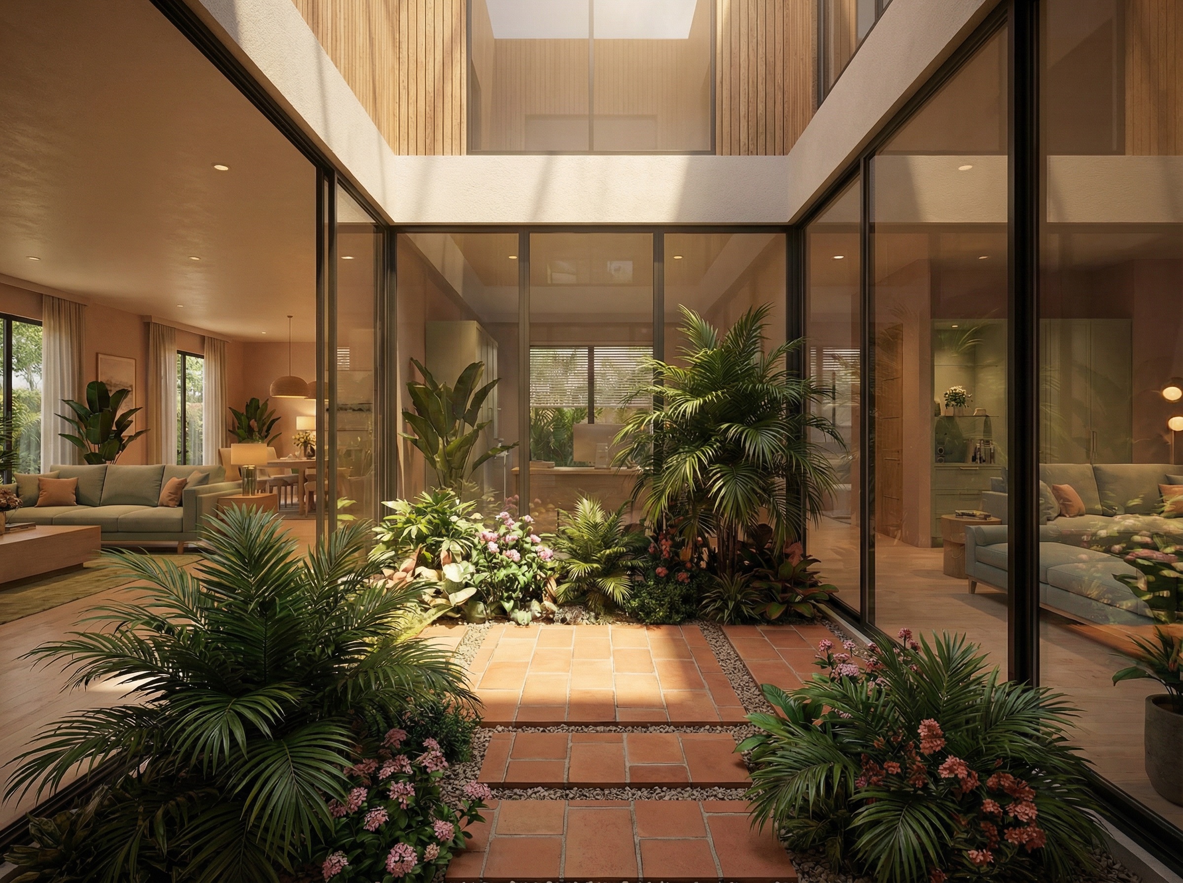 Modern home courtyard design featuring seamless indoor outdoor living and contemporary architecture