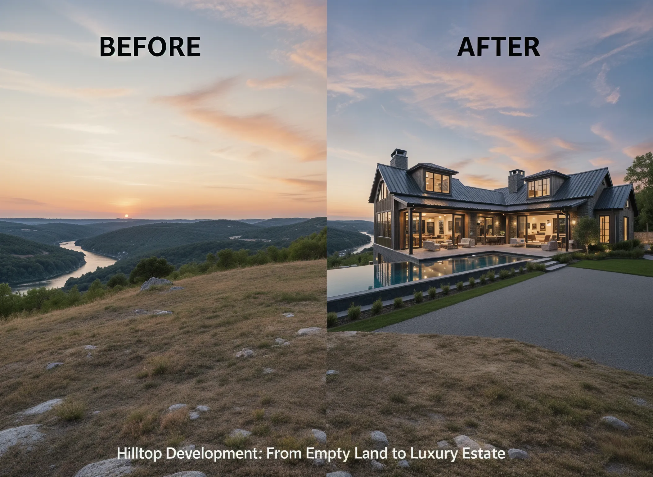 Before and after transformation of an empty plot into a modern family home