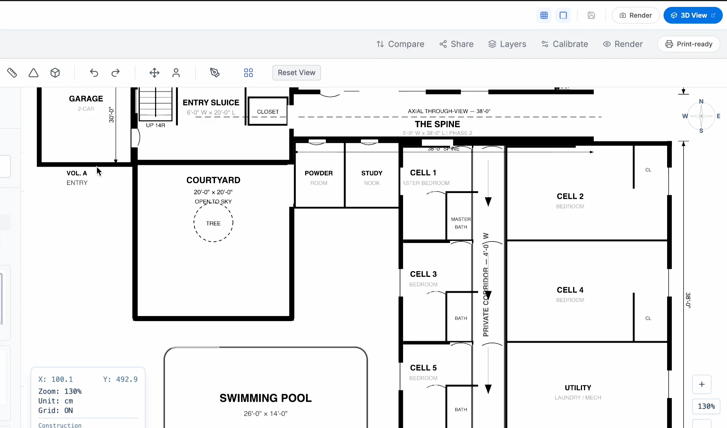 AI home design dashboard displaying a family floor plan with six bedrooms, including room labels, layout tools, and interactive design controls.
