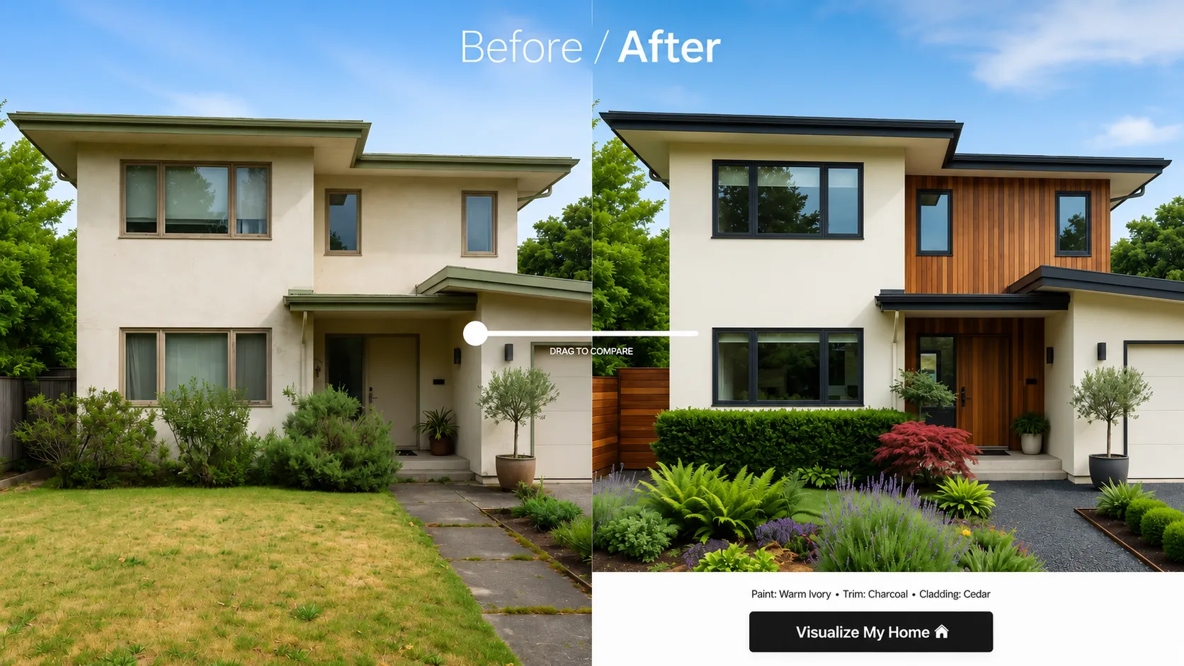 Home painting before and after transformation with updated wall colours previewed using an AI room paint visualizer.