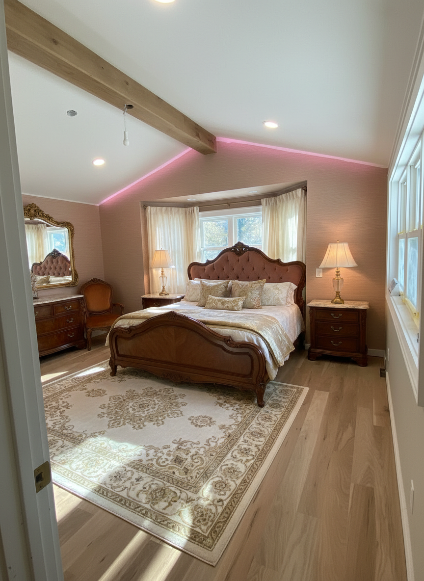 Relaxing bedroom with calming decor, comfortable bedding, and soft lighting