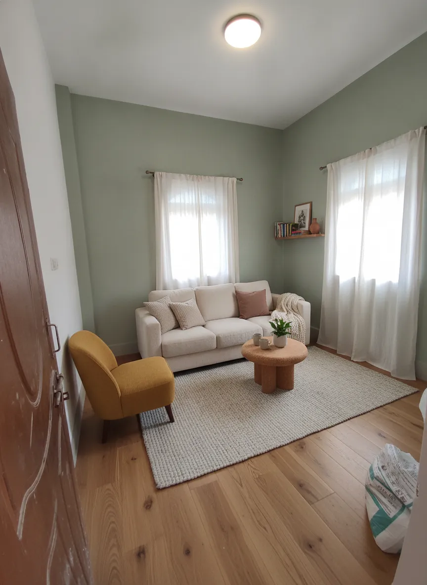 AI room makeover showing a modern living room with green plants using DesignHome