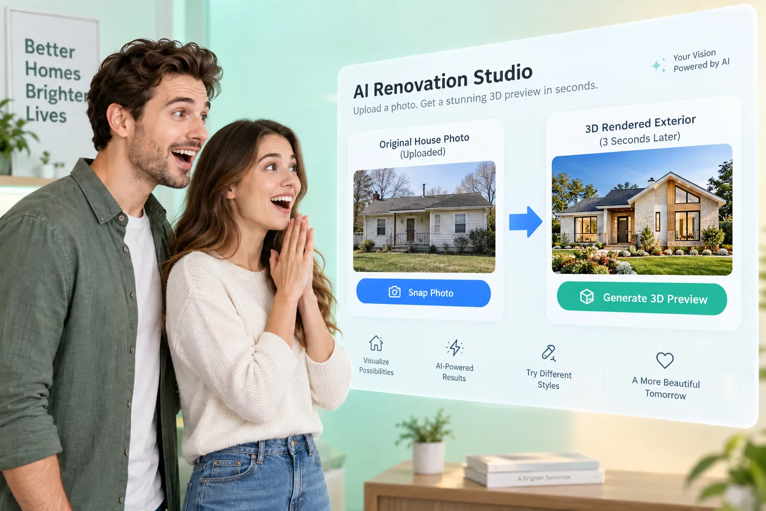 Homeowners reacting with excitement as a digital screen displays a realistic 3D exterior makeover generated from a house picture