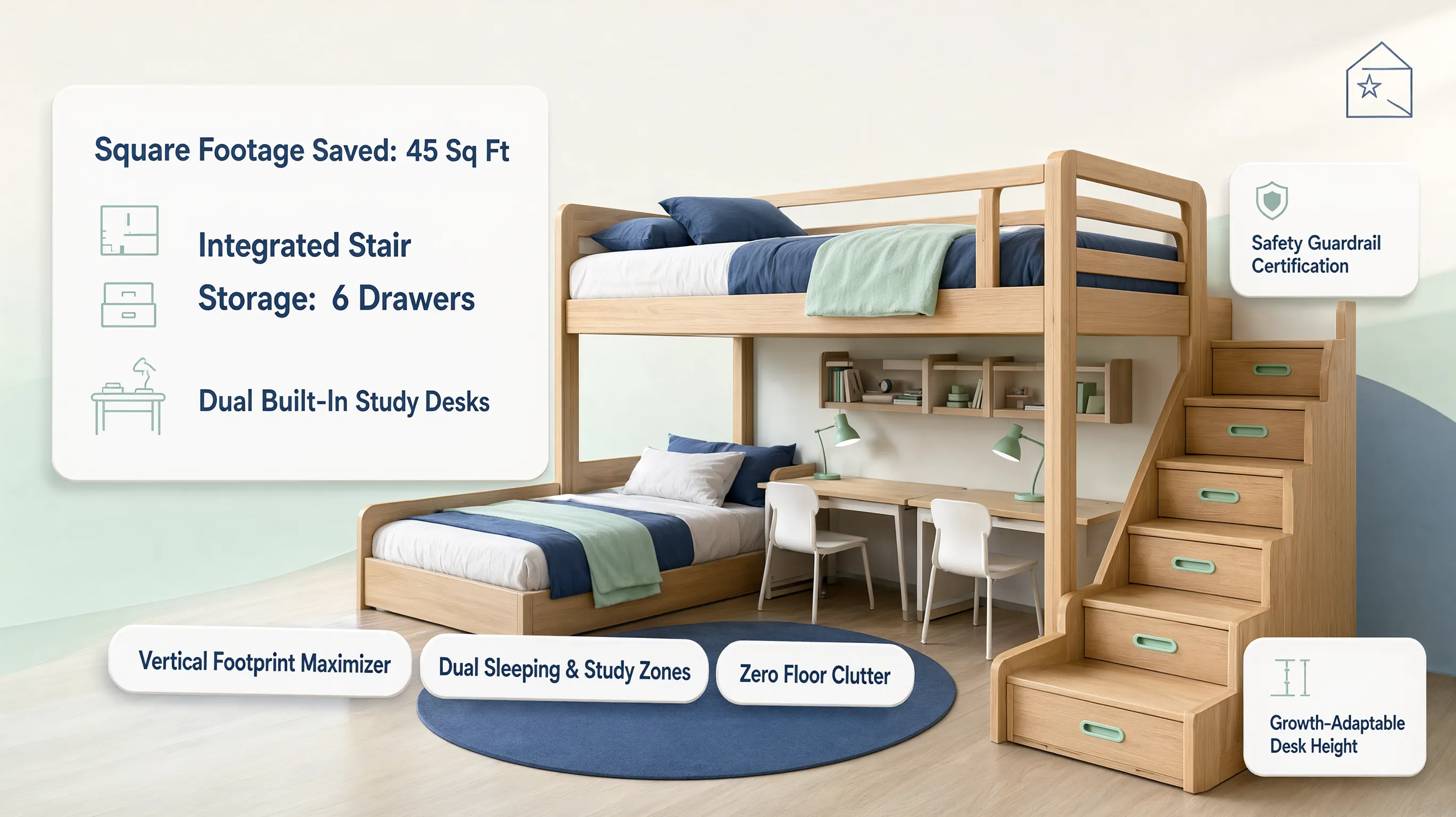 Convertible bunk bed with built-in study desks that adapt from toddler phase through elementary years, demonstrating future-proof shared kids bedroom design
