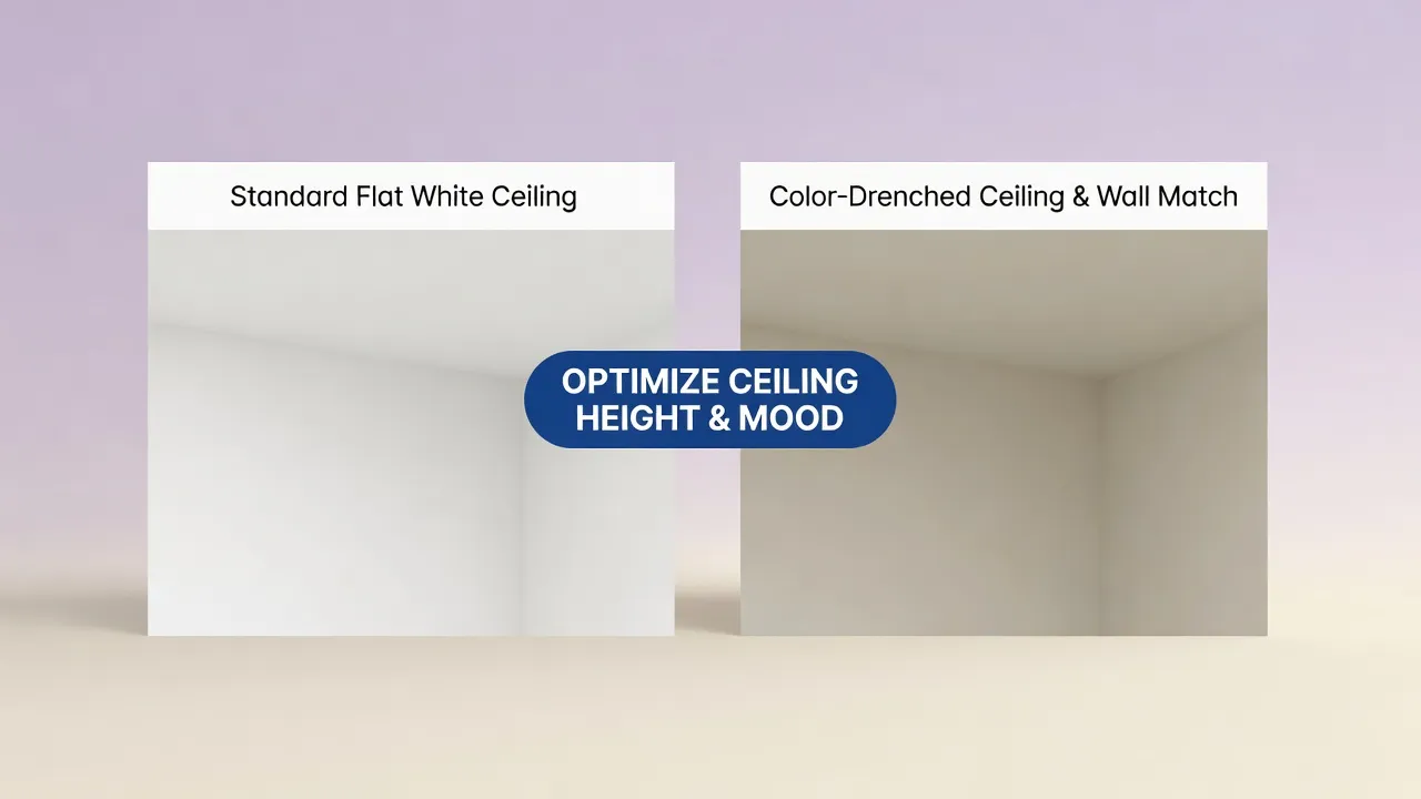 Side-by-side comparison of a standard flat white ceiling versus a color-drenched ceiling matched to warm wall paint.