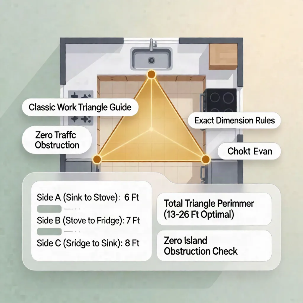 Classic kitchen work triangle showing measured distances between sink, stove, and refrigerator apexes following NKBA 4-to-9 foot leg and 13-to-26 foot perimeter standards