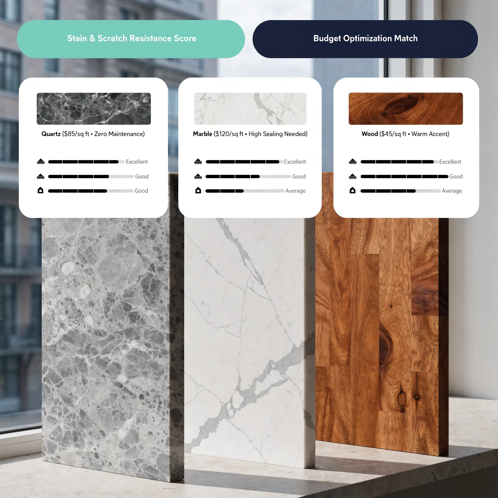 Countertop material samples comparison showing bathtub refinishing versus full replacement cost decisions