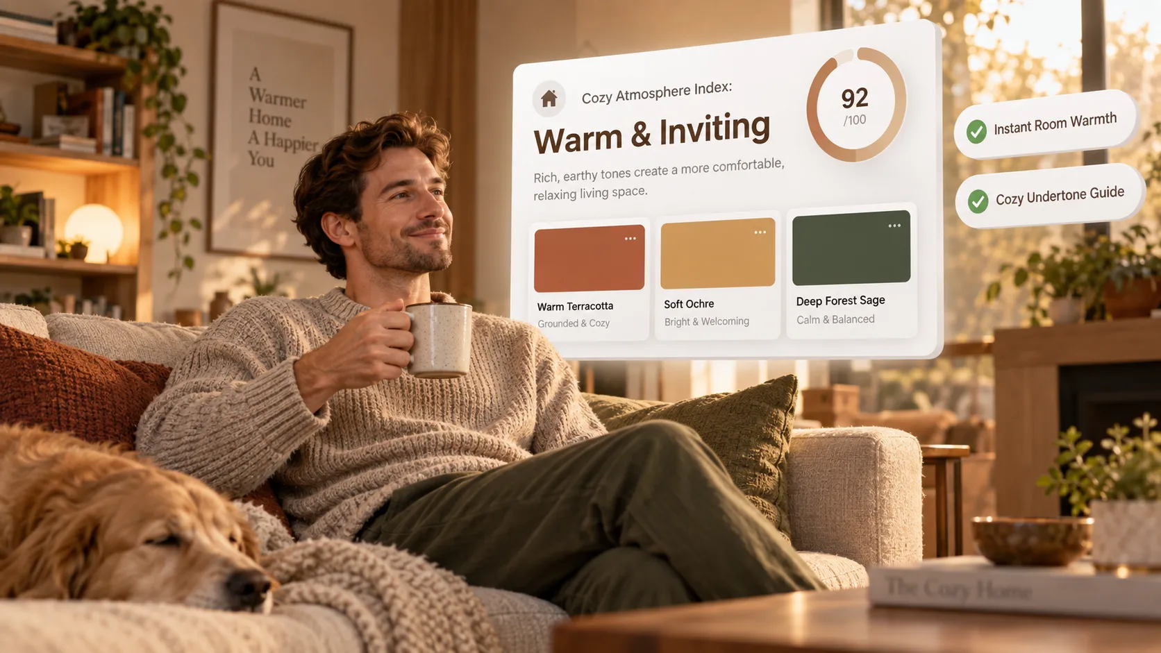 Living room atmosphere index tool showing warm ochre, forest sage, and light-reflecting ceiling color swatches for brighter spaces.