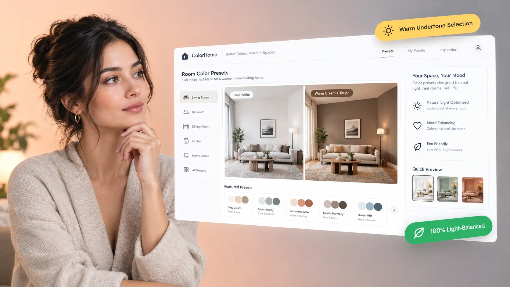 Man relaxing on a sofa using a digital room warmth control interface to evaluate warm undertone wall paint options next to his furniture