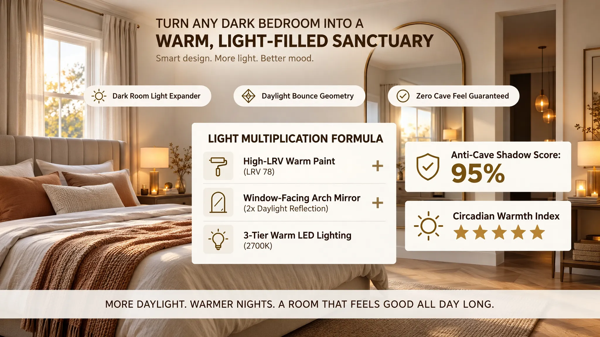 Dim north-facing bedroom demonstrating the light multiplication formula with layered reflective surfaces, warm greige walls, and angled mirrors amplifying limited daylight
