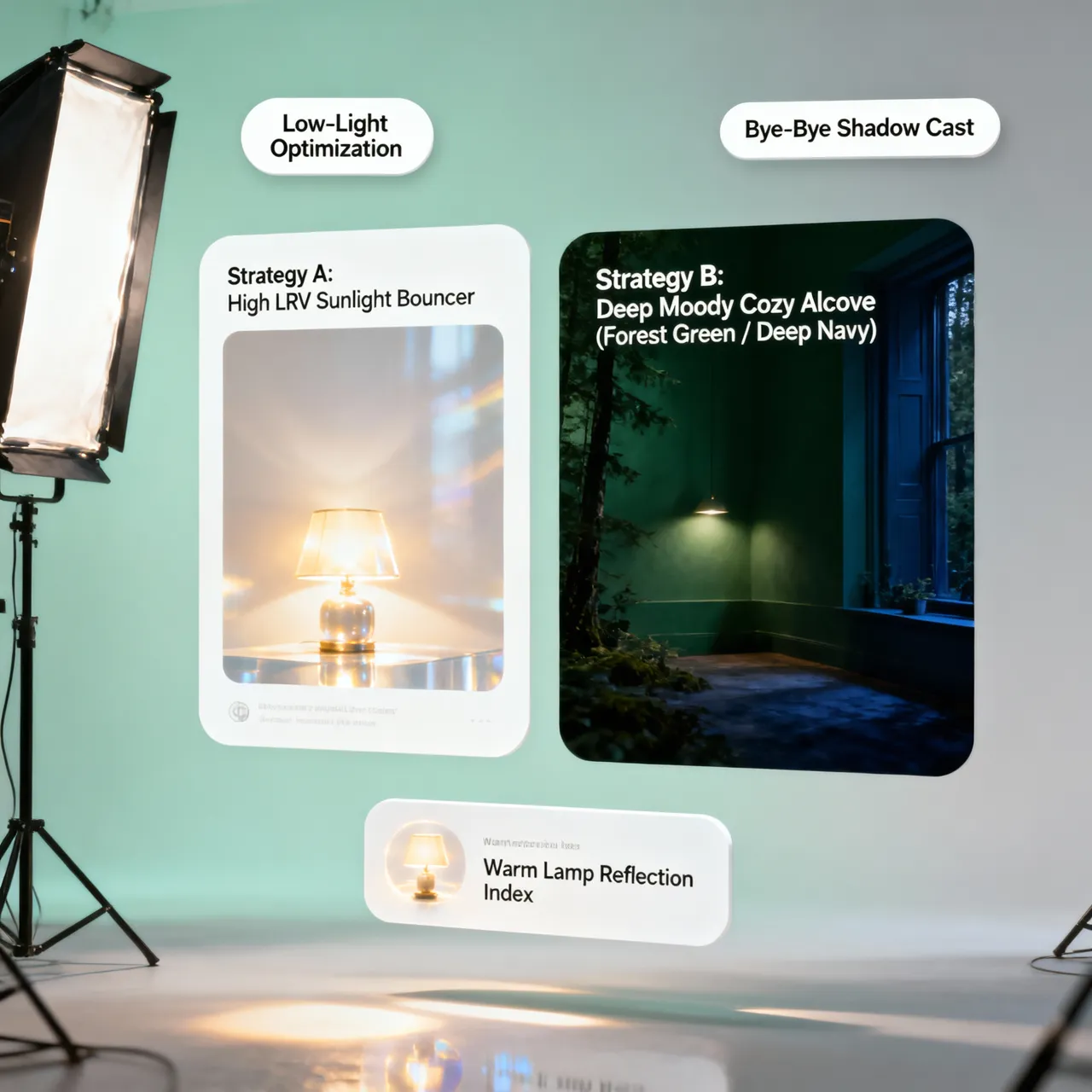 Dark room paint strategies balancing dark furniture with high-LRV warm neutral walls