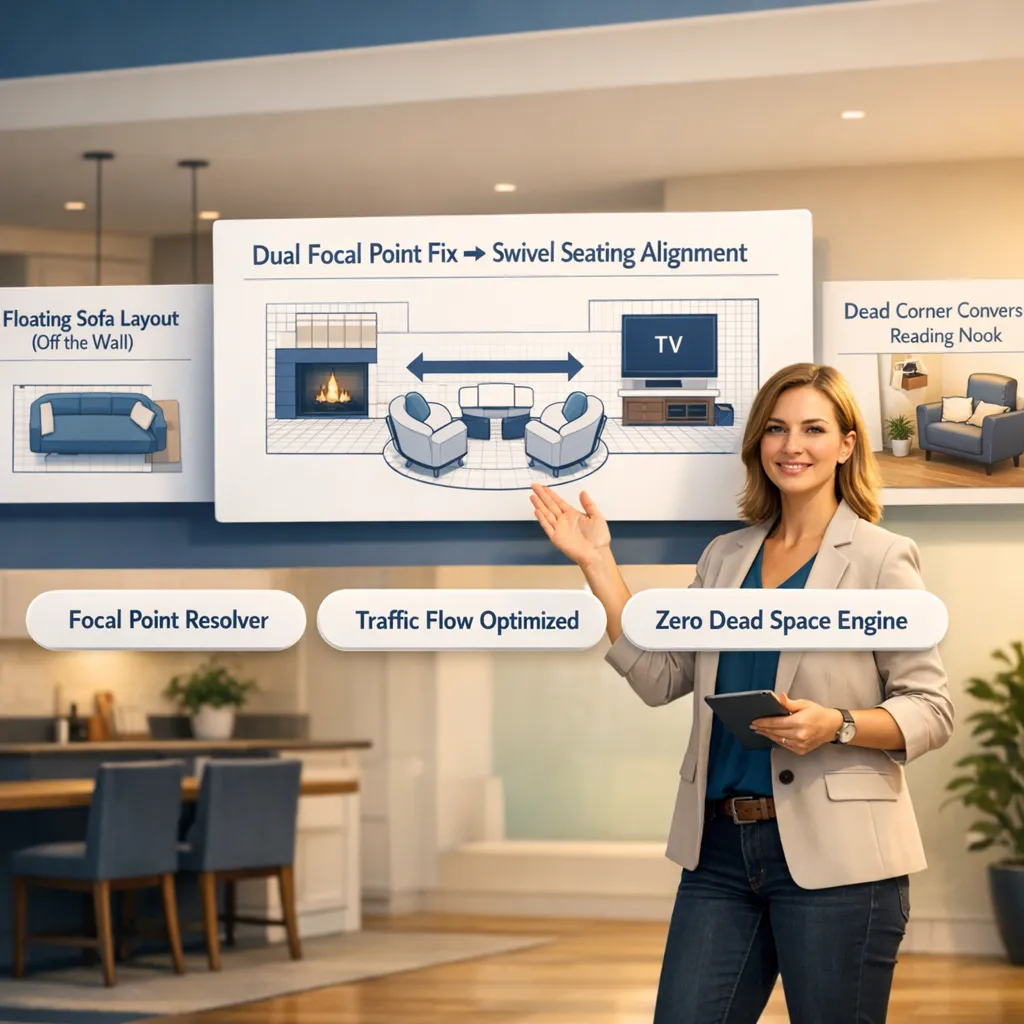 Design around awkward room focal point contrasting catalog assumptions with real world footprints