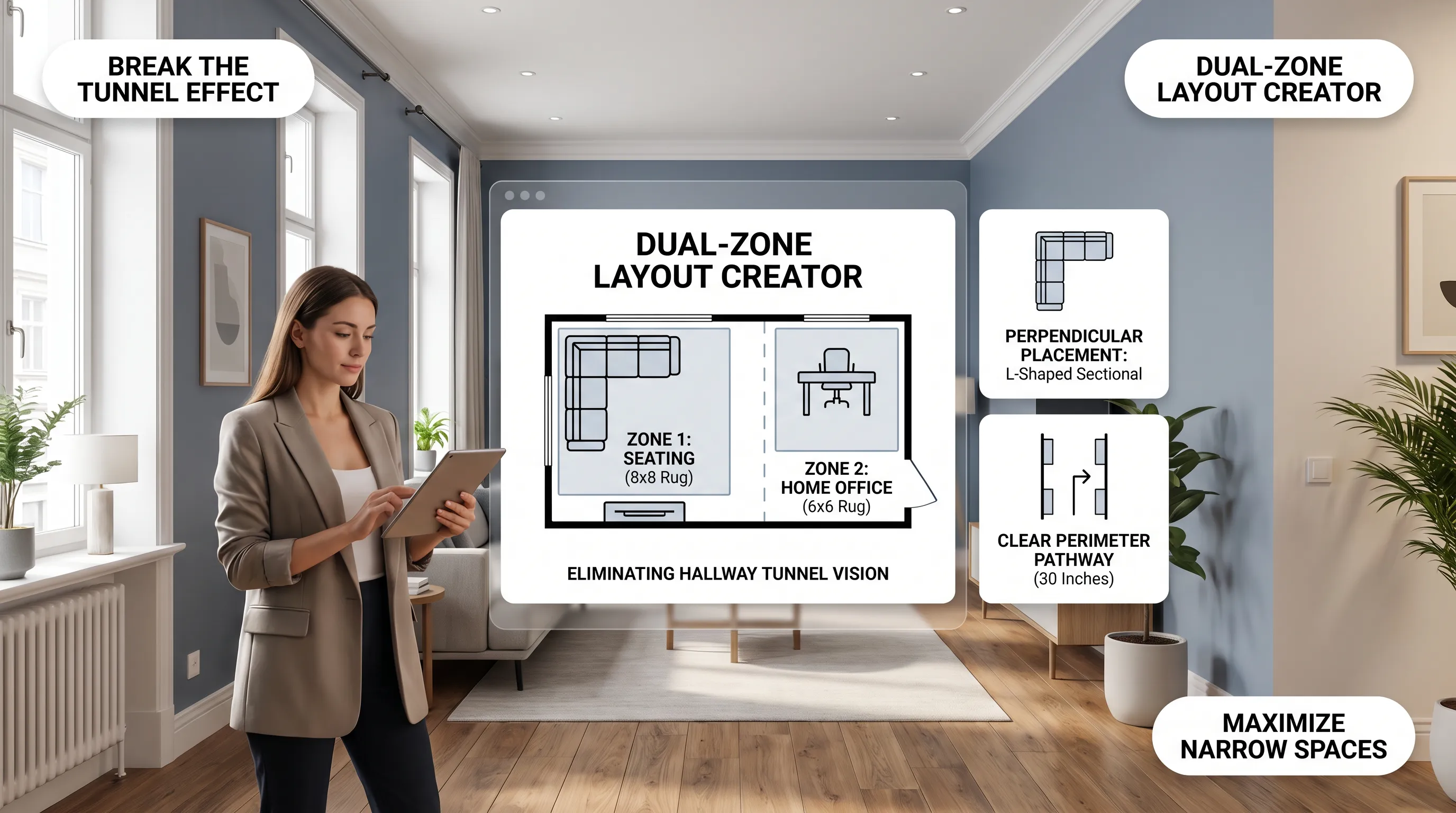 Dual zone layout creator perpendicular placement building an interior square to fix odd shaped rooms
