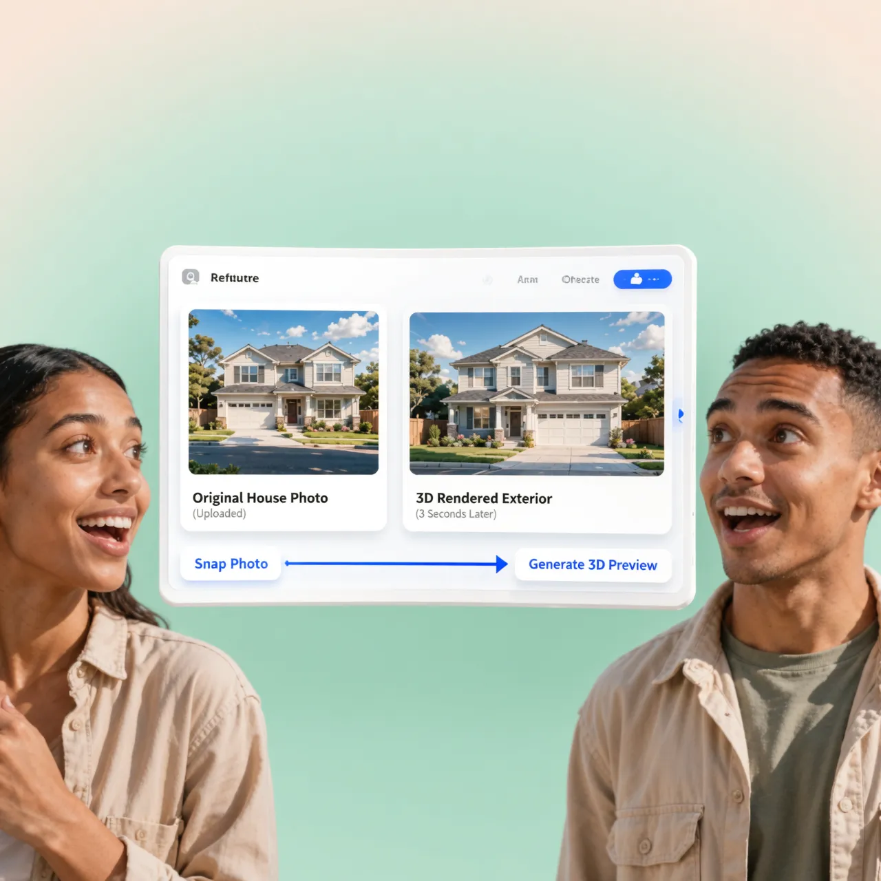 Young man and woman looking amazed at a side-by-side comparison card showing an original house photo and its 3D rendered exterior update.