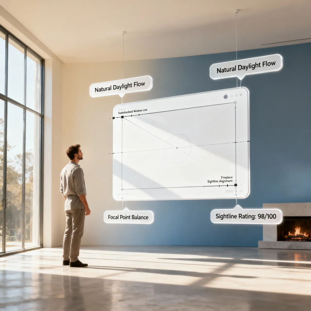 Focal point sightline layout orienting living room seating toward a fireplace
