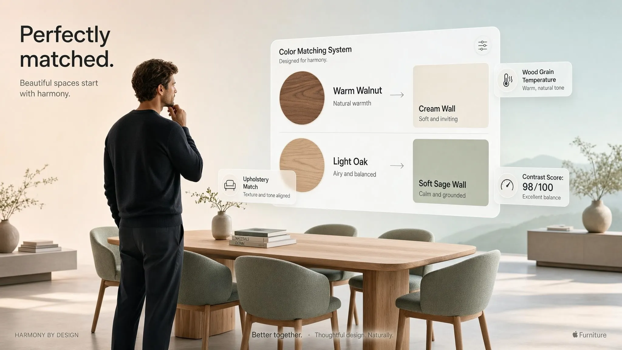 Harmonious living space showing balanced wall paint color and furniture pairing with warm upholstery and complementary wall undertones.