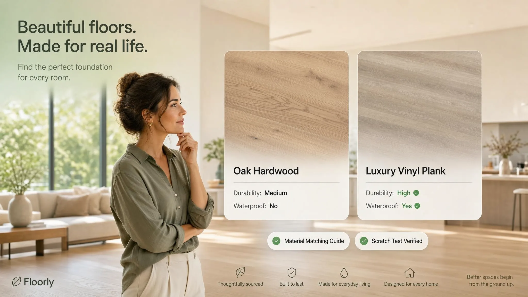 Hardwood vs vinyl living room mixing design showing material transitions
