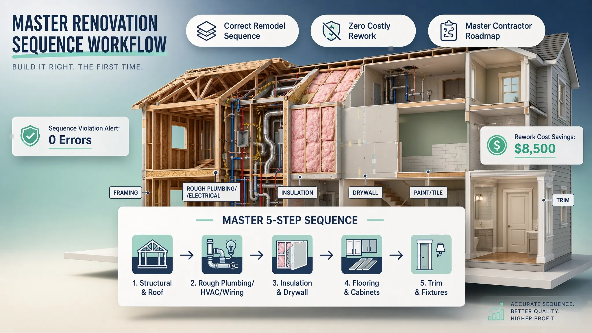 Home improvement project order sequence diagram showing logical renovation workflow