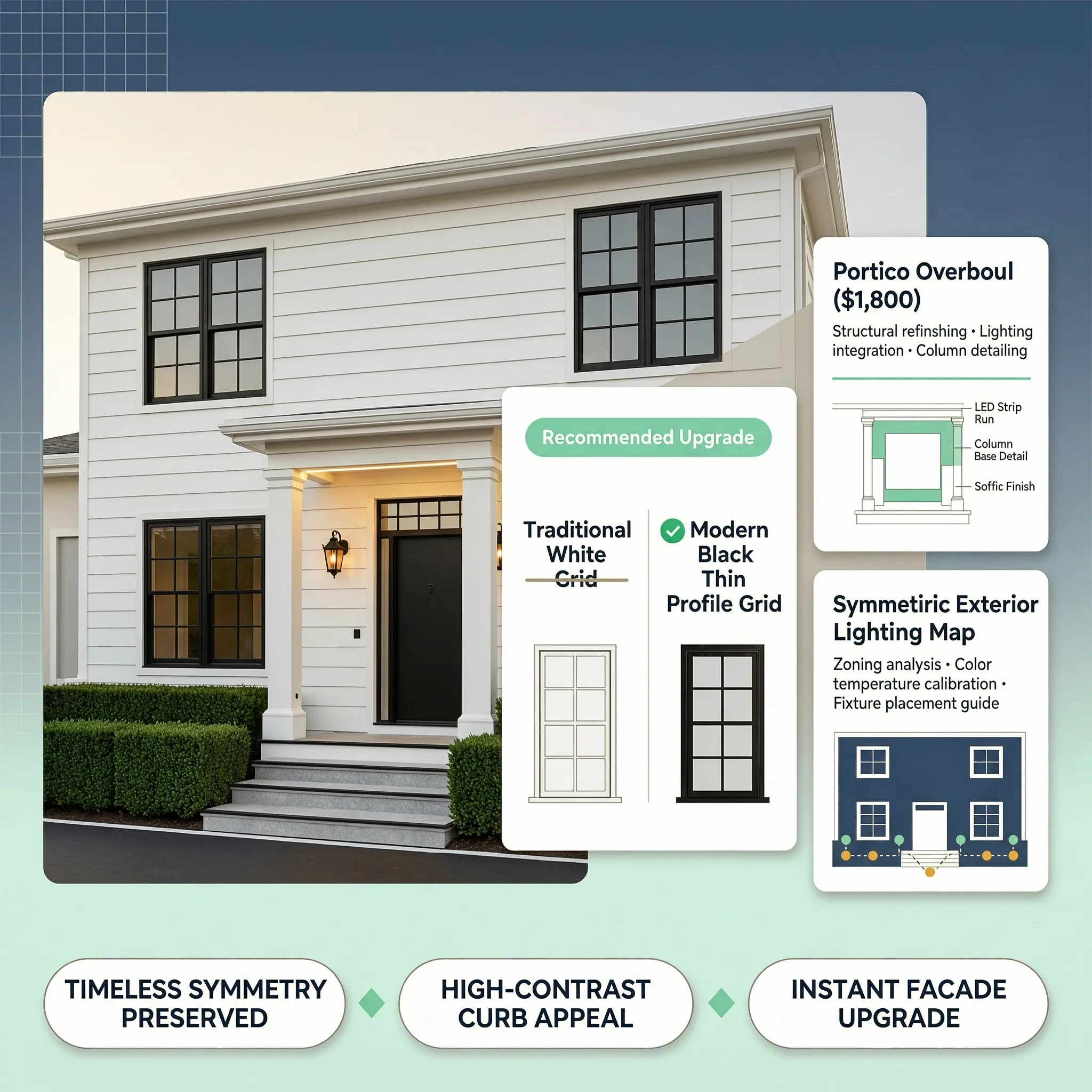 Improve house entryway portico lighting comparing colonial exterior colors and materials on your actual house