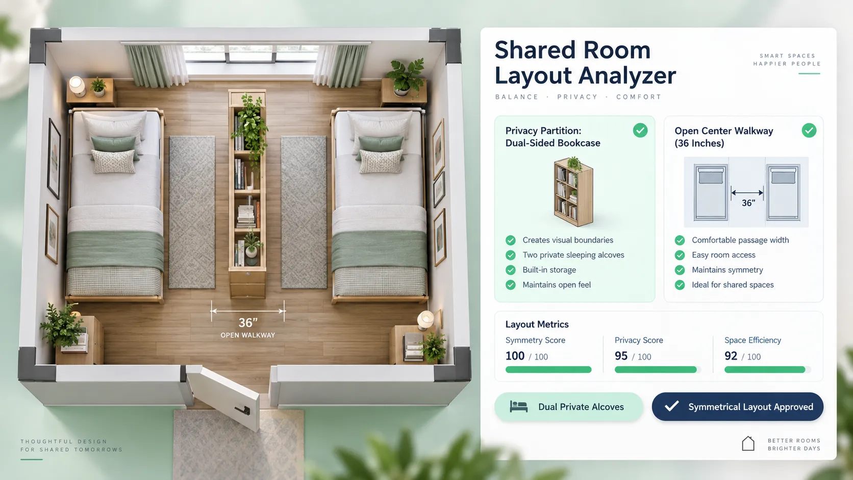 Compact shared bedroom with raised leggy platform beds, floating wall-mounted nightstands, and unbroken 36-inch walking corridors preserving open floor space