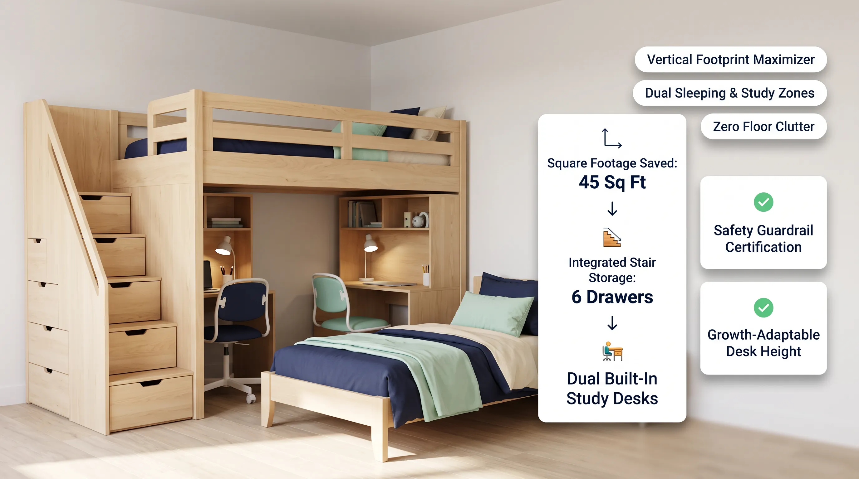 Kids loft bed with built-in staircase storage drawers and dual study desks underneath, providing individual work surfaces for two siblings sharing one bedroom