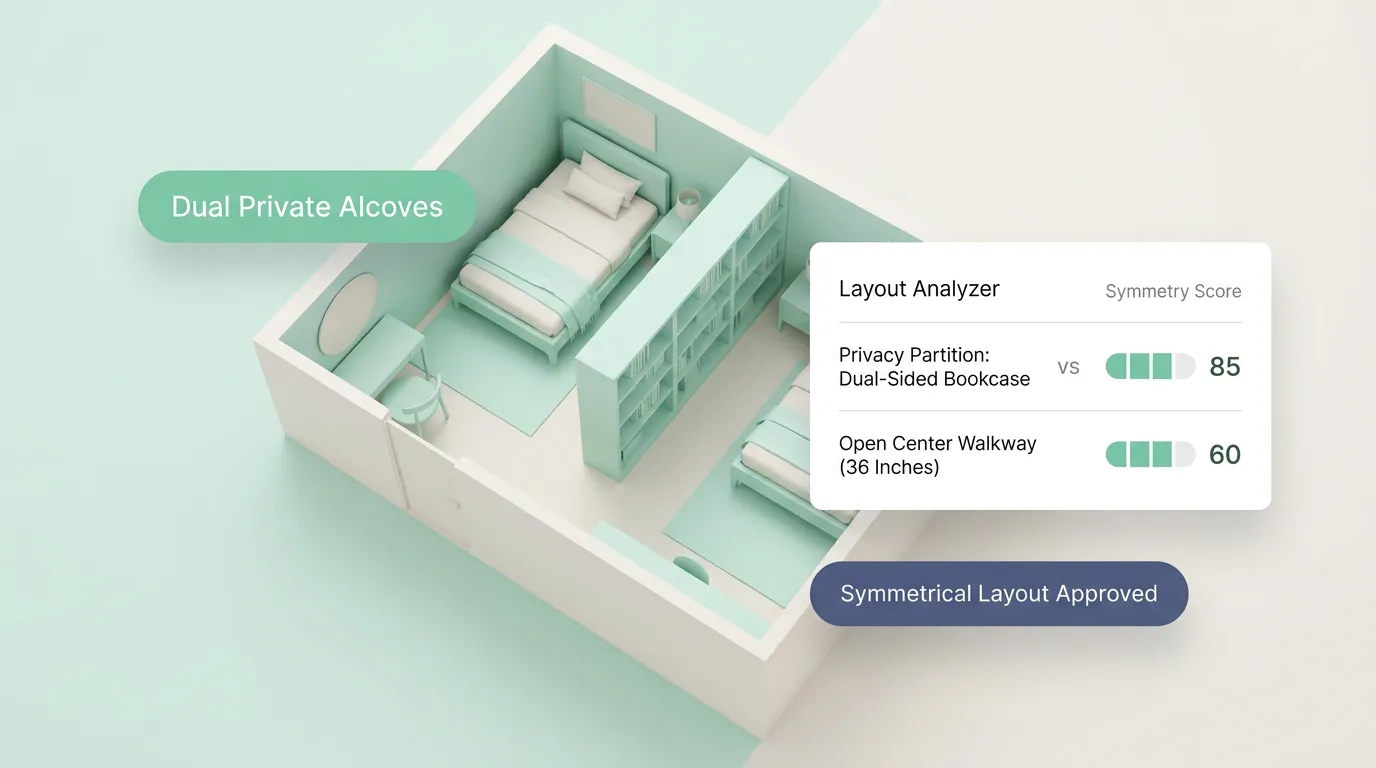 Shared bedroom layout analyzer showing two occupants' distinct sleeping zones, walking corridors, and balanced furniture footprints mapped across a single room