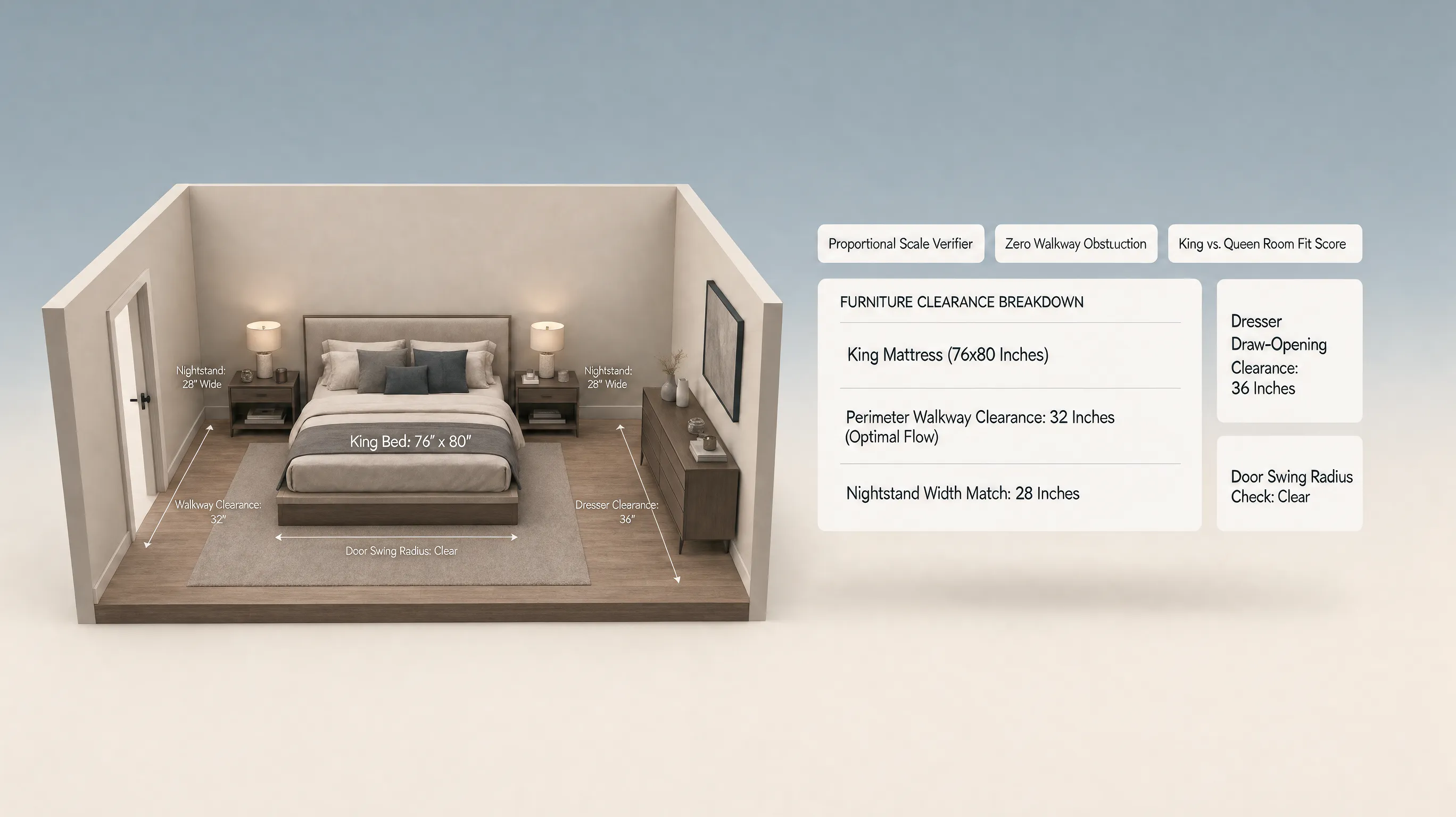 3D bedroom furniture clearance layout showing scaled bed, nightstands, and dresser footprints mapped against real wall dimensions to verify walkway and drawer pull-out space