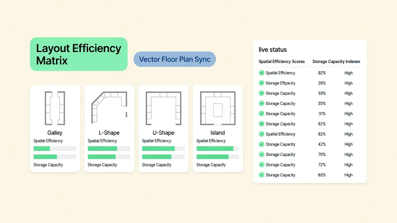 Compact kitchen layout comparison showing U-shaped and galley floor plans with appliance placement strategies and required 42-to-48 inch central walkway clearances