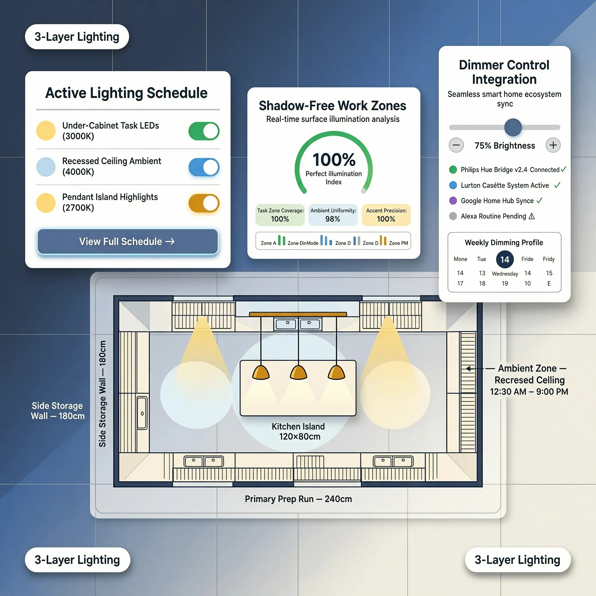 Layered kitchen lighting for entertaining showing bright 3000K task lights transitioning to dimmed recessed cans and warm 2200K pendant glow for evening party atmosphere