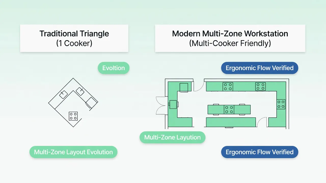 Kitchen work triangle NKBA distance standards showing single leg measurements between 4 and 9 feet and total three-leg perimeter between 13 and 26 feet for ergonomic workflow