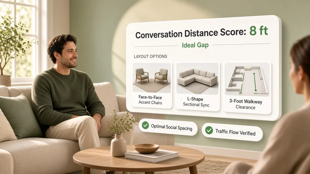 Sofa and chairs arranged at an optimal conversation distance in a living room