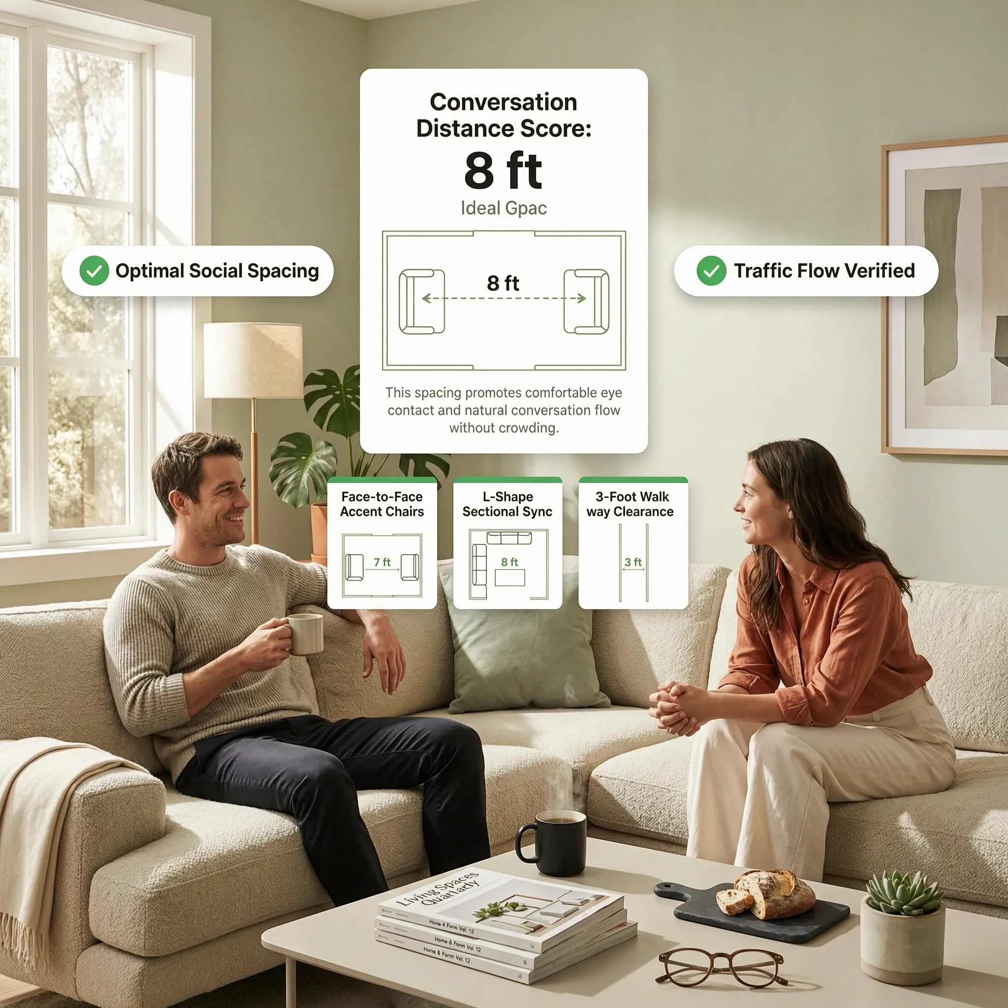 Living room seating layout showing clear traffic flow and spacing around a sofa