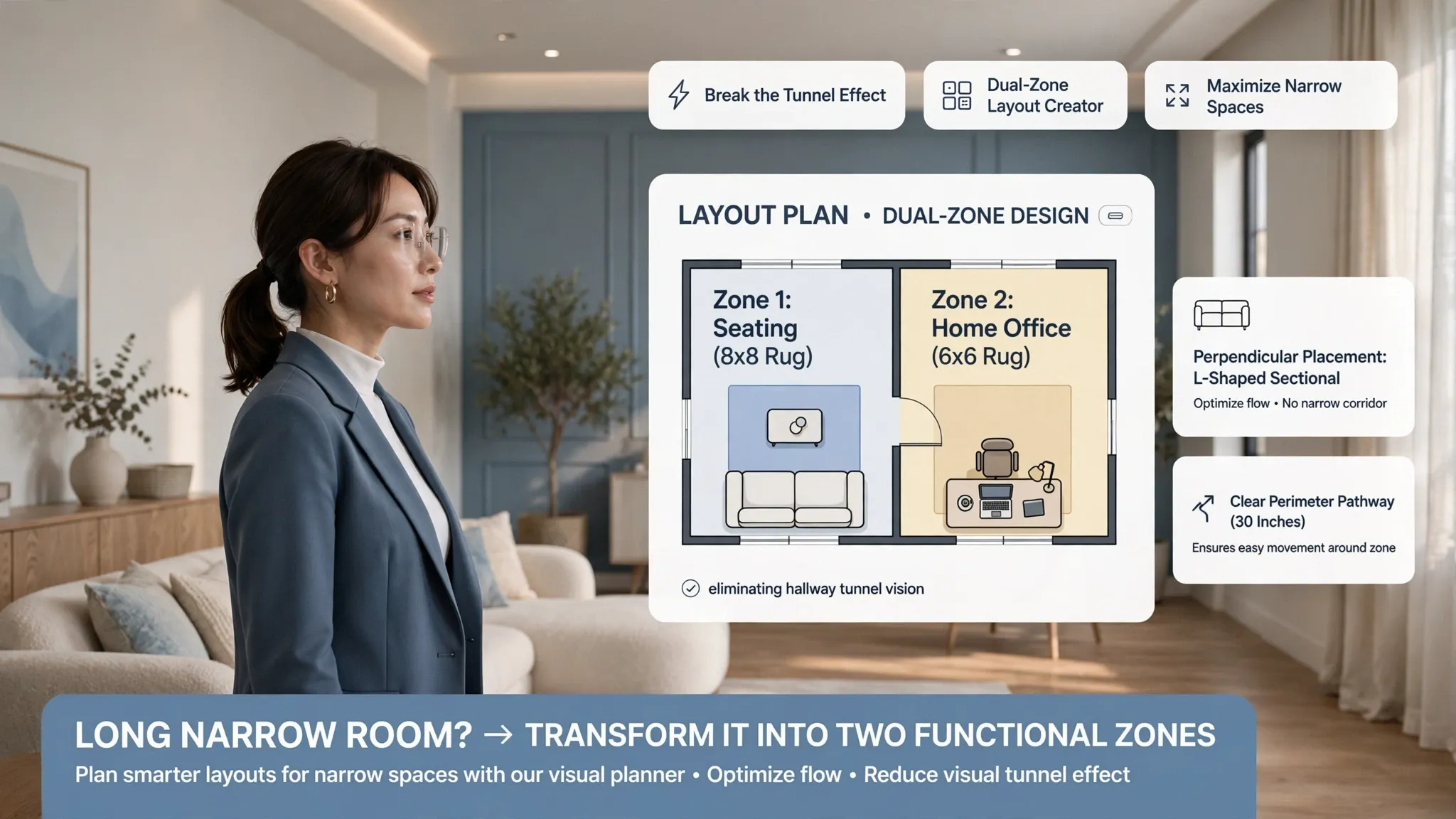 Long narrow room dual zone design creating separate zones when an awkward room has too many jobs
