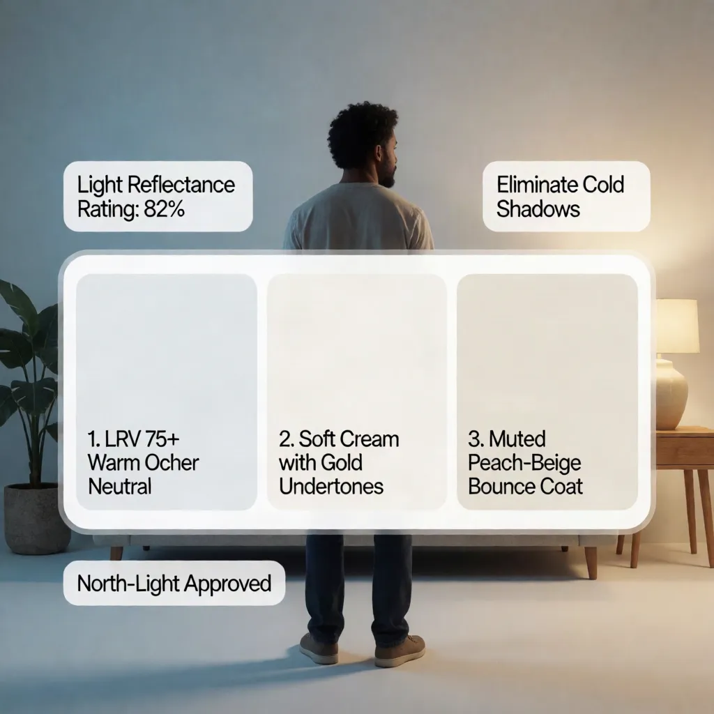 Pale neutral paint colors reflecting light in a dark low-light room