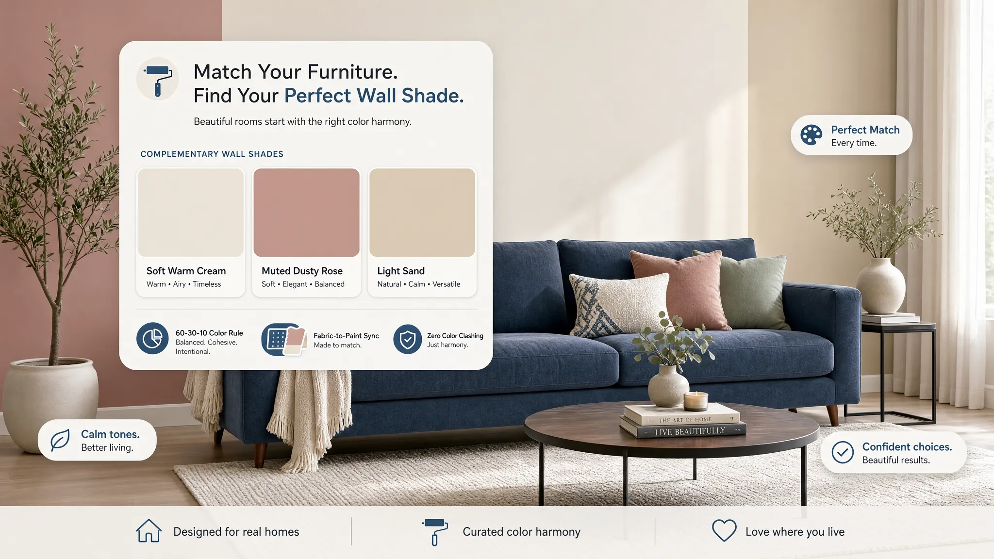 Living room atmosphere index visualizer matching warm terracotta, soft ochre, and sage wall colors with neutral furniture and warm indoor decor