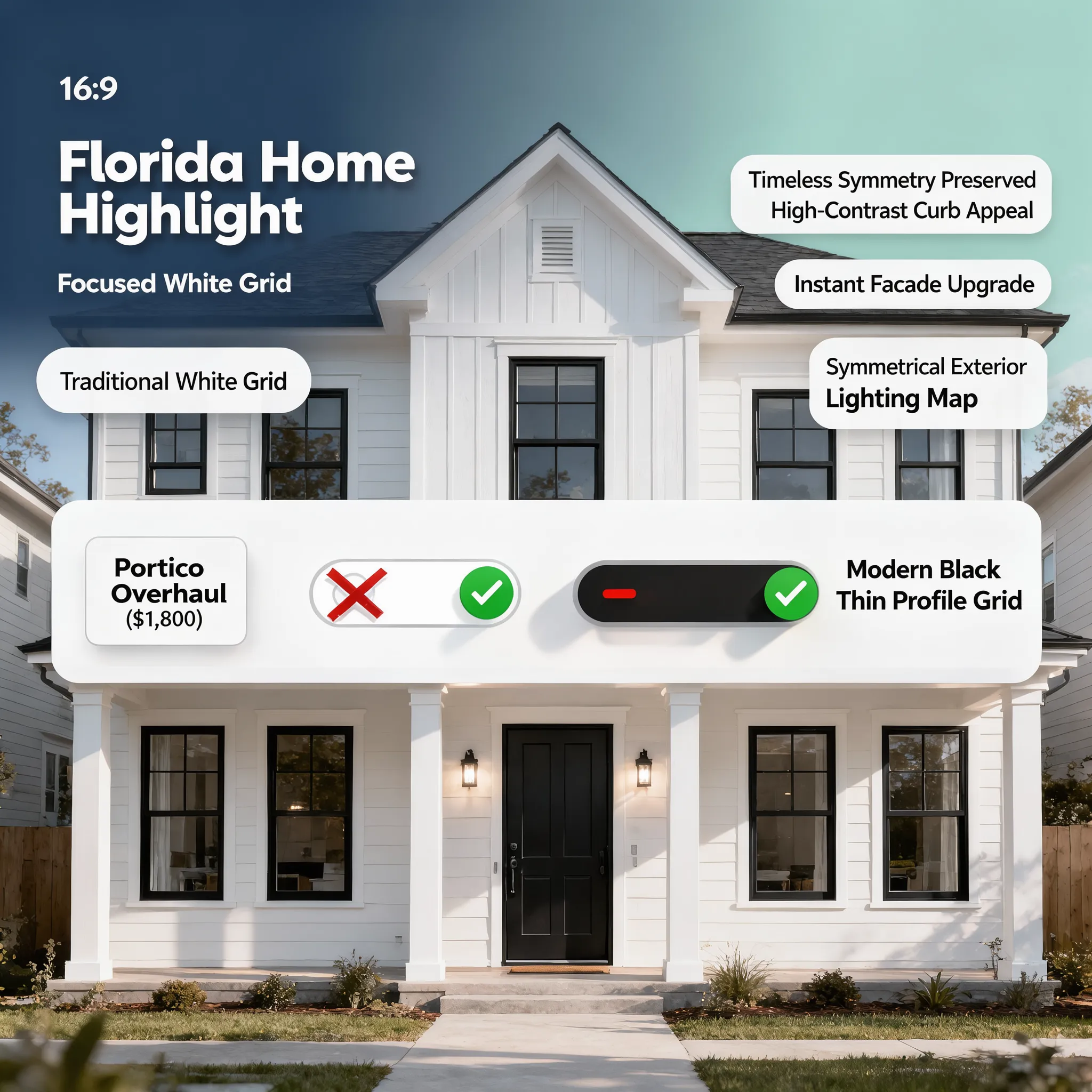 Modern colonial black window grid comparing historic preservation with modern updates
