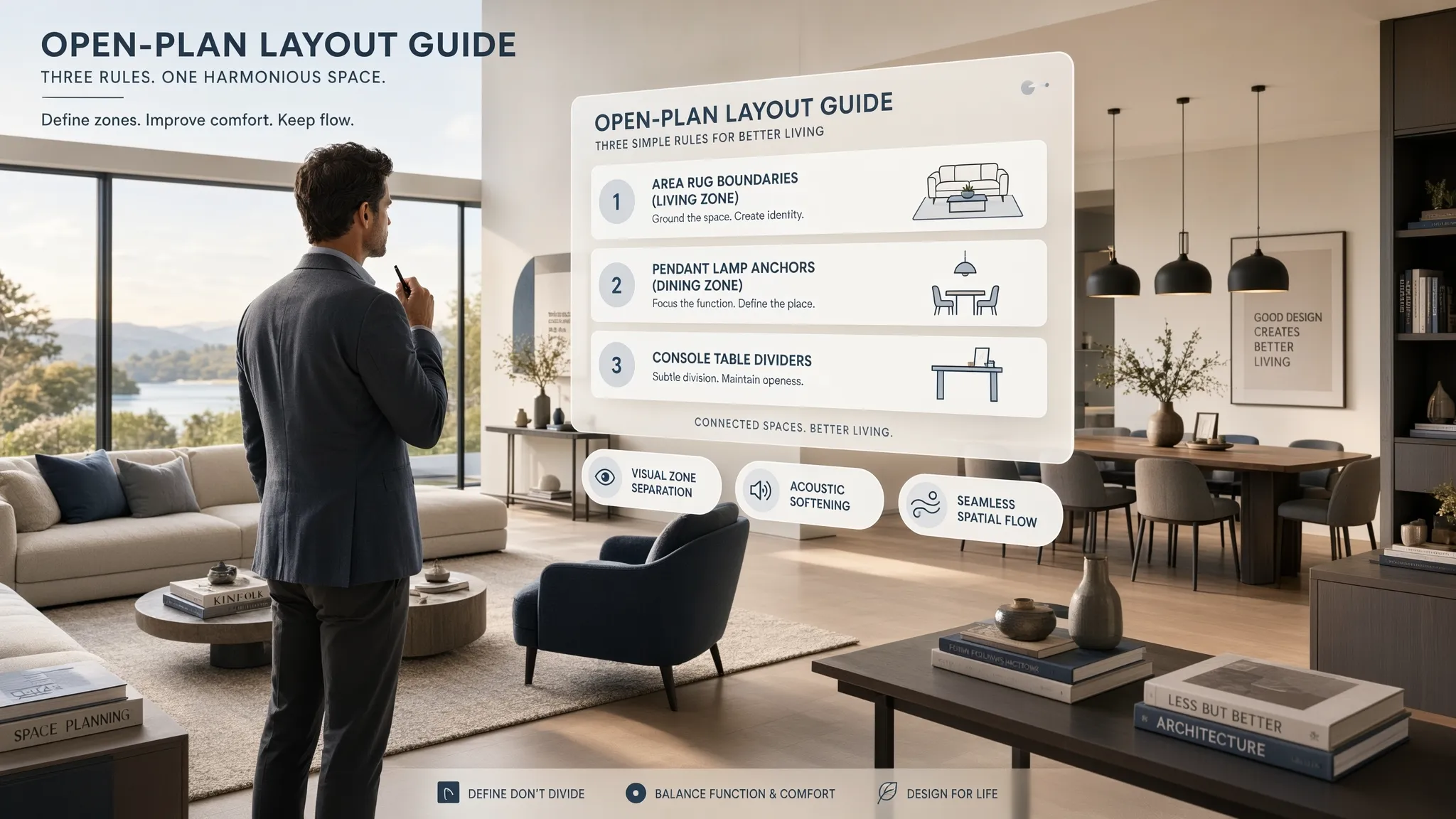Open concept layout guide adapting living room seating for daily lifestyle use
